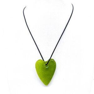 Green Glass Heart Pendant Necklace With Adjustable Black Cord